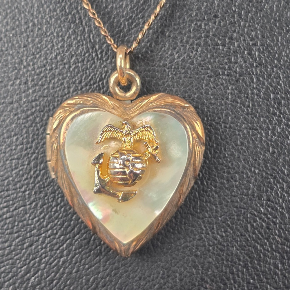 Vintage USMC Marine Corps Heart Locket Necklace 10K Gold Filled Sterling Silver